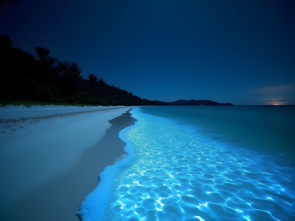 Bioluminescent plankton illuminating shoreline at Chalkie's Beach at sunset
