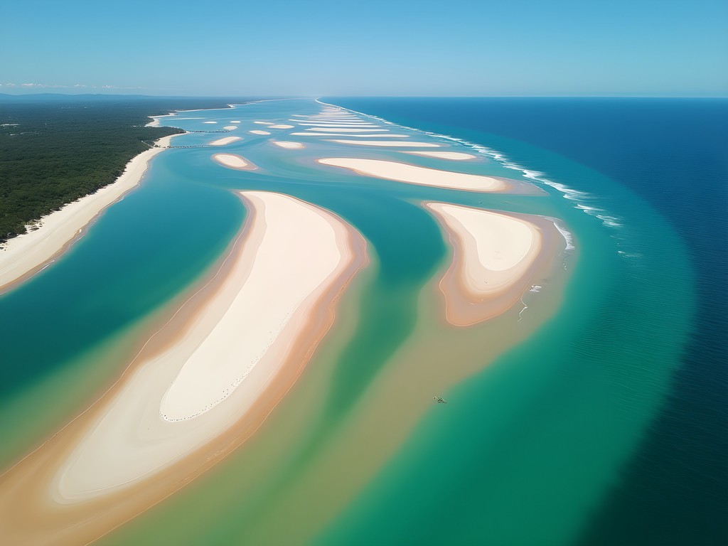 Aerial view of temporary sand islands formed at Elliott Heads during low tide