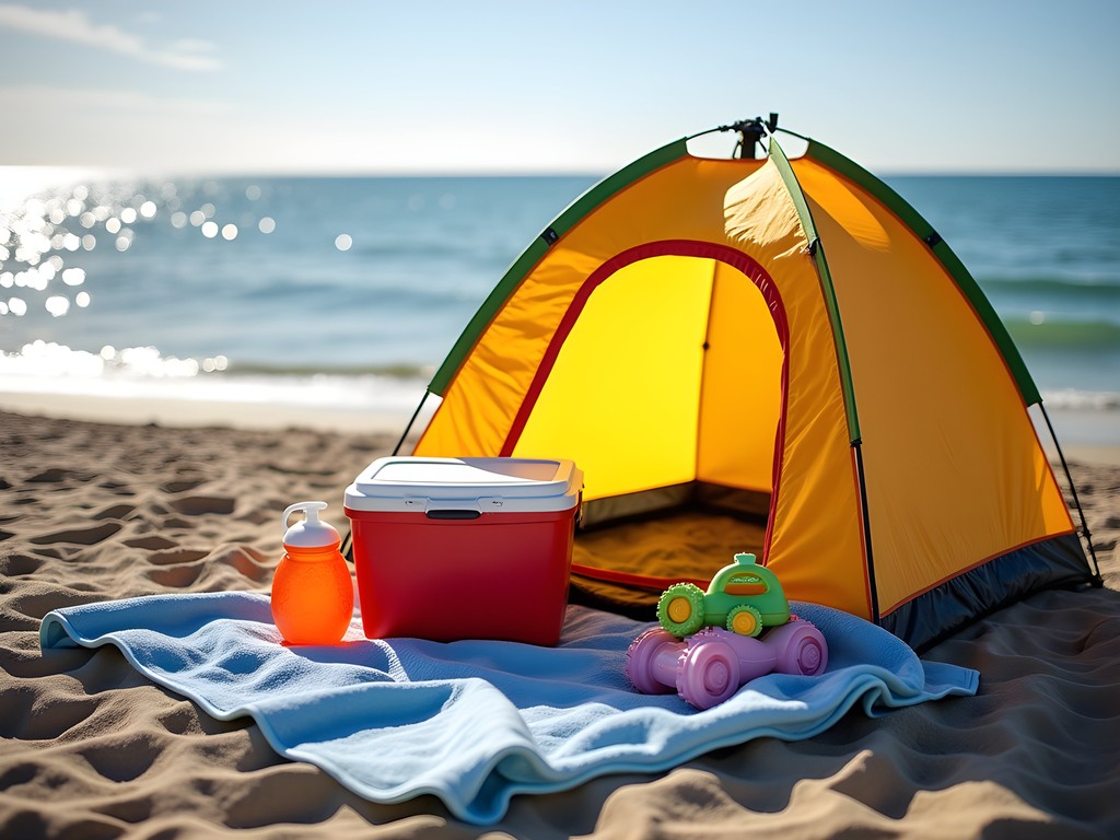 Family beach setup with umbrella and gear at Green Bay Wisconsin beach