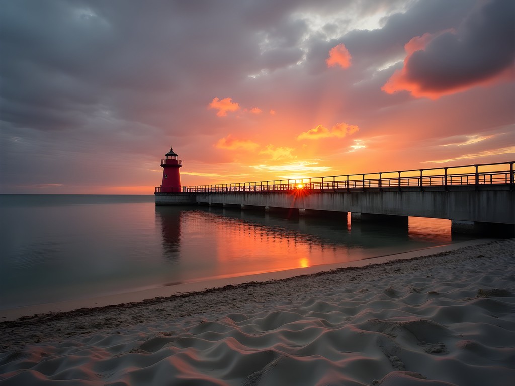 Neshotah Beach lighthouse pier at sunset in Two Rivers Wisconsin