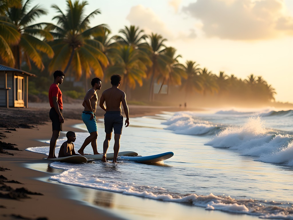 Local surf instructor teaching tourists on black sand beach at Playa Nibujón