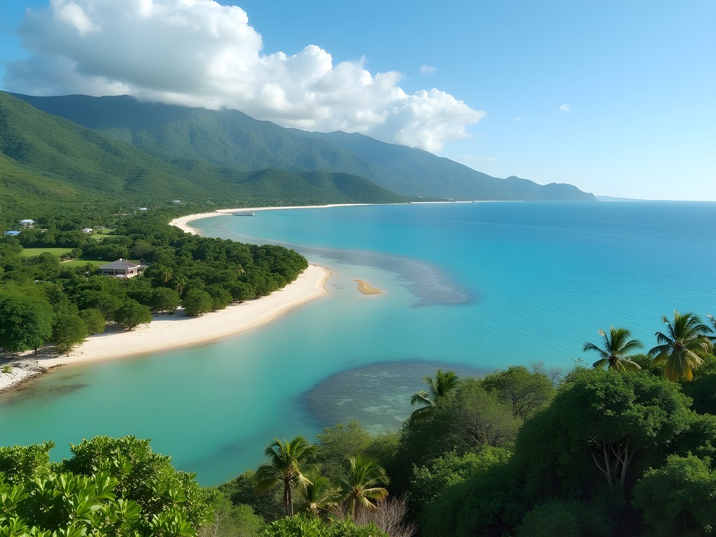 Confluence of Yumurí River and Caribbean Sea with mountains in background