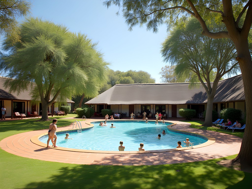 Birkdale swimming pool complex with indigenous gardens and families enjoying facilities