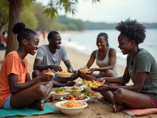 Multi-generational Zimbabwean family sharing picnic food at lakeside beach area
