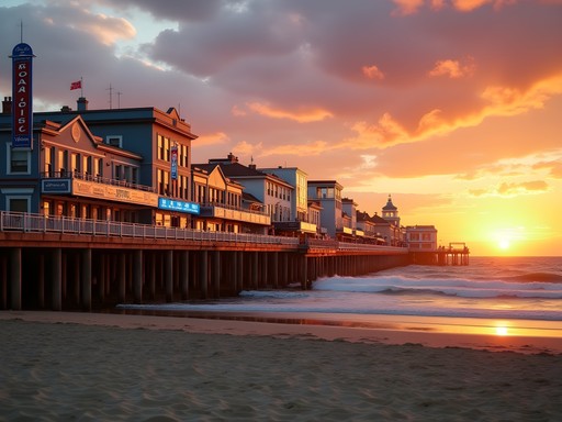 Asbury Park boardwalk at sunset with colorful buildings and beach