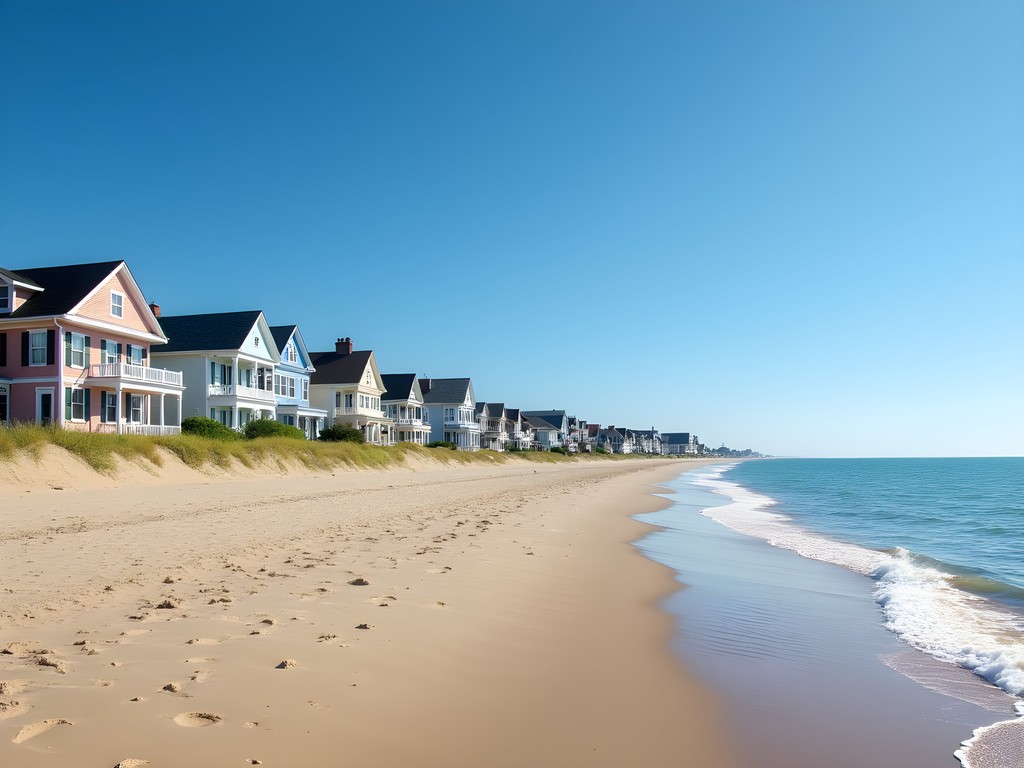 Cape May beach with colorful Victorian houses visible in background