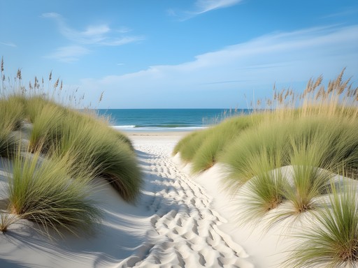 Sand dunes with beach grass at Island Beach State Park with ocean in background