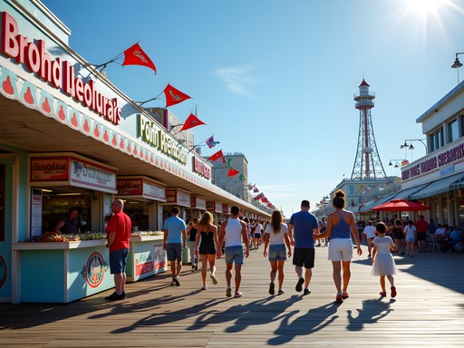 Families enjoying Jenkinson's Boardwalk at Point Pleasant Beach with rides and games