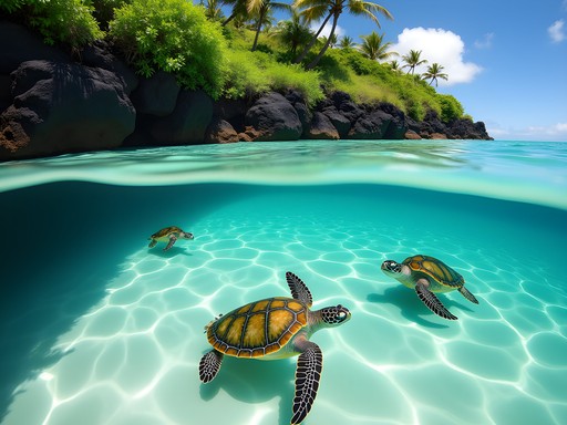 Crystal clear turquoise lagoon at Carlsmith Beach Park with green sea turtles visible in shallows