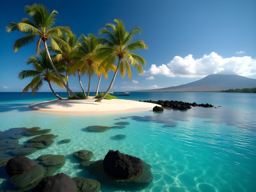 Palm-fringed beach on Coconut Island with Mauna Kea volcano visible in background across Hilo Bay