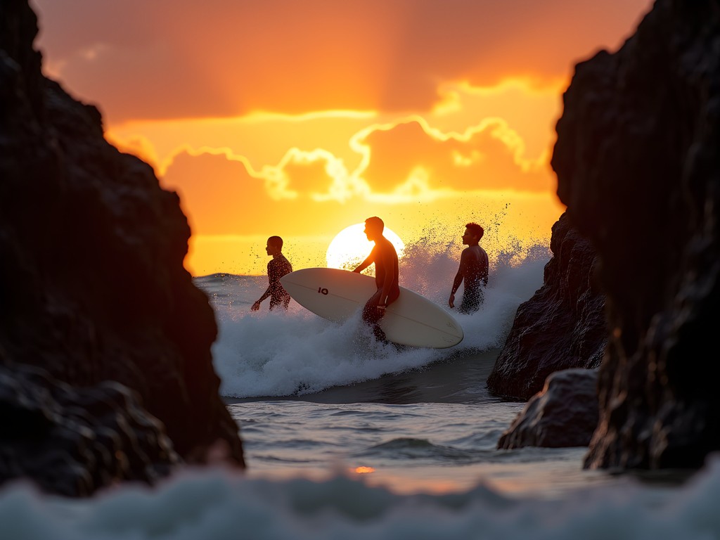 Silhouettes of local surfers against golden sunset at Honoli'i Beach with volcanic rock formations