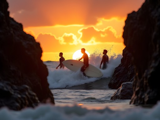 Silhouettes of local surfers against golden sunset at Honoli'i Beach with volcanic rock formations