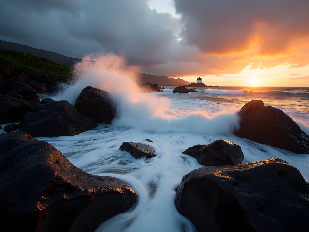 Dramatic sunset at Laupahoehoe Point with waves crashing against polished volcanic boulders and memorial in background