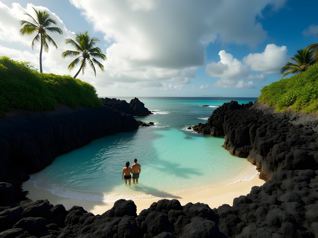Couple relaxing in a semi-private cove at Onekahakaha Beach with calm turquoise waters and volcanic rock formations