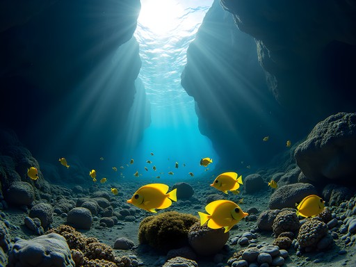 Underwater photography of colorful tropical fish against black lava rock formations at Richardson Ocean Park