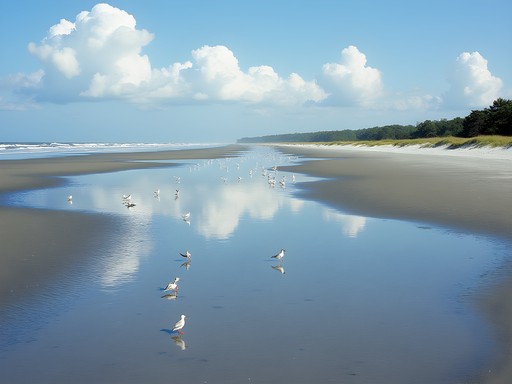 Expansive tidal flats at Fish Haul Beach during low tide with shorebirds feeding