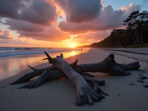 Dramatic driftwood formations silhouetted against sunset at Mitchelville Beach, Hilton Head Island