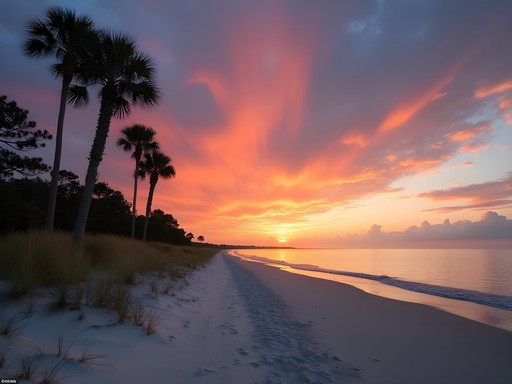 Spectacular sunrise over calm waters at Singleton Beach in Hilton Head Island