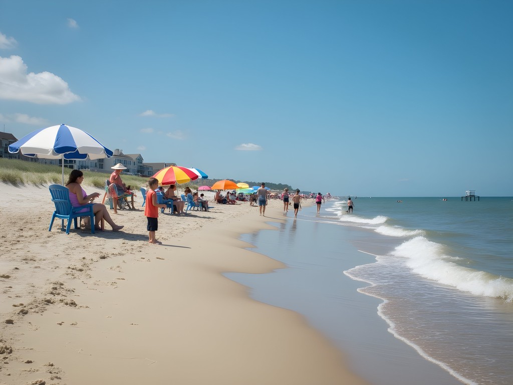 Family setting up for a day at Bethany Beach with colorful umbrellas and gentle waves
