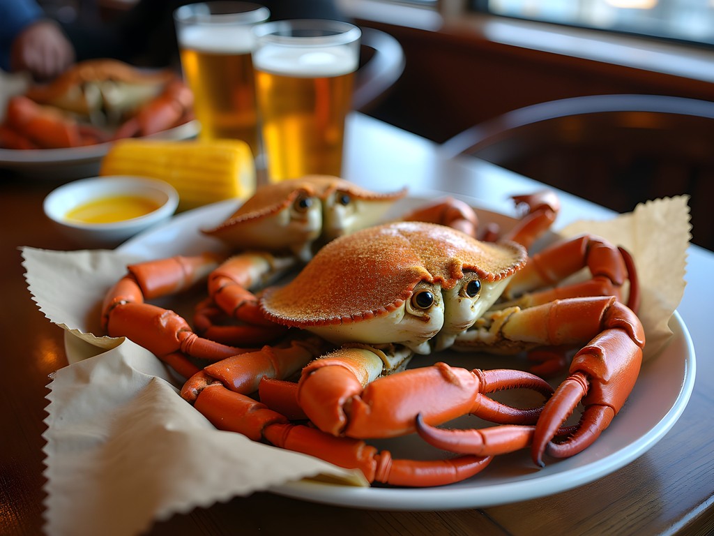 Traditional Maryland blue crab feast with mallets, Old Bay seasoning, and cold beverages