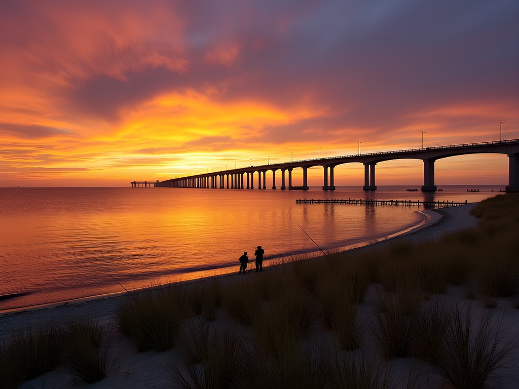 Dramatic sunset over Delaware Seashore State Park with silhouetted fishing pier