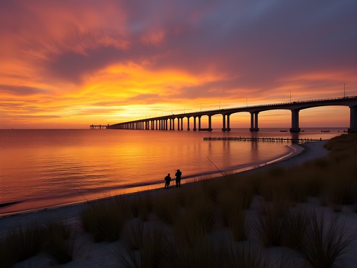 Dramatic sunset over Delaware Seashore State Park with silhouetted fishing pier