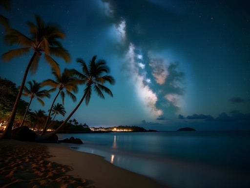 Night sky with stars over Kahala Beach with silhouetted palm trees