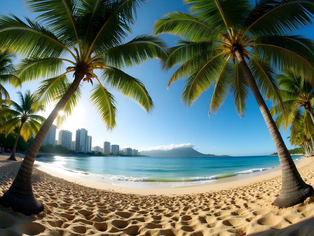 Tree-lined eastern end of Kaimana Beach with Diamond Head in background