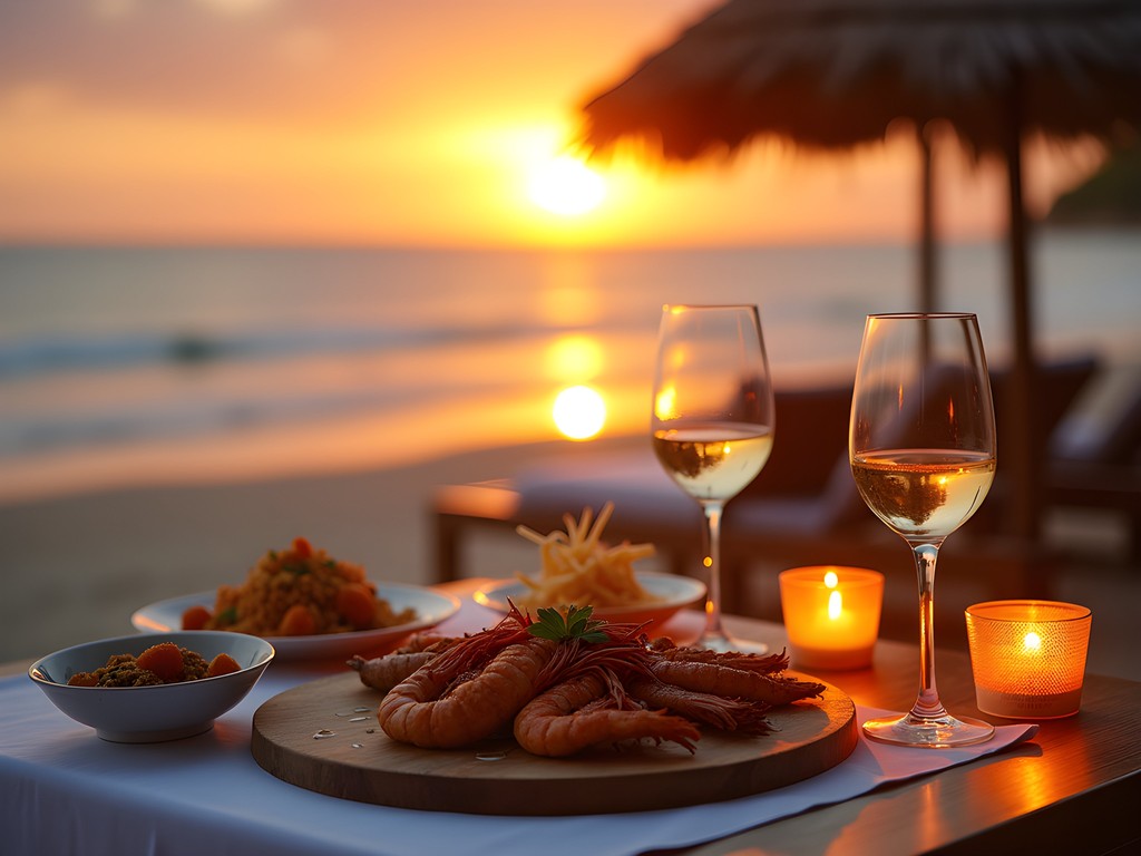 Romantic beachfront seafood dinner setting at sunset in Hua Hin