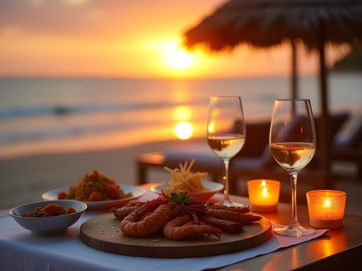 Romantic beachfront seafood dinner setting at sunset in Hua Hin