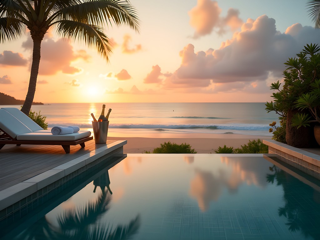 Luxury beachfront pool villa at sunset in Hua Hin with two loungers