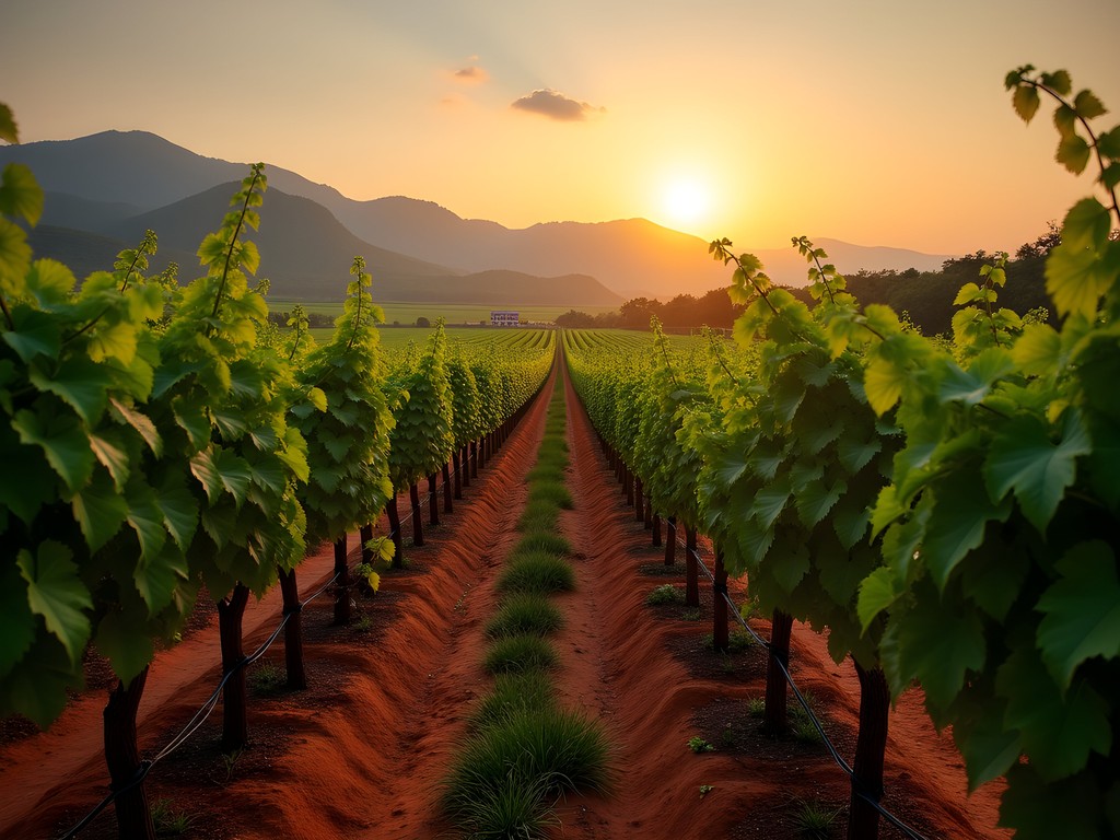 Sunset over Monsoon Valley Vineyard near Hua Hin with mountains in background