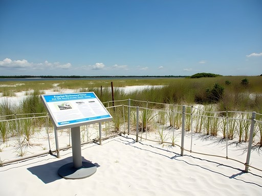 Protected shorebird nesting area with educational signage at Huguenot Memorial Park