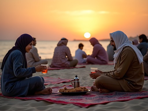 Saudi families enjoying traditional evening gathering on Jeddah beach at sunset