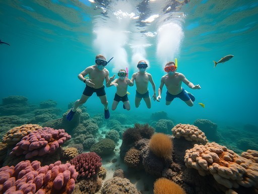 Family snorkeling over vibrant coral reef in Jeddah's Red Sea