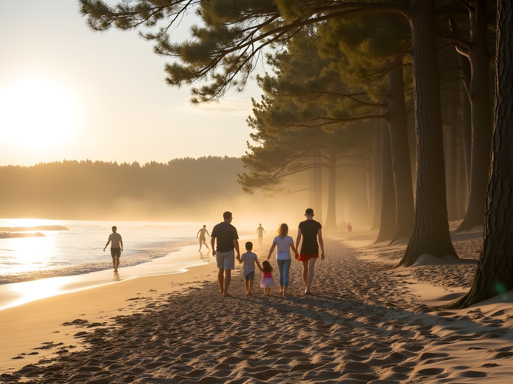 Family enjoying natural wellness activities on Jurmala beach with pine forest background