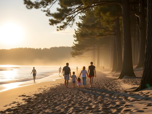 Family enjoying natural wellness activities on Jurmala beach with pine forest background