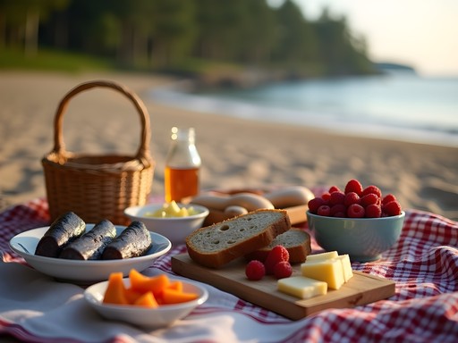 Family enjoying traditional Latvian picnic on Jurmala beach with rye bread, smoked fish, and seasonal berries
