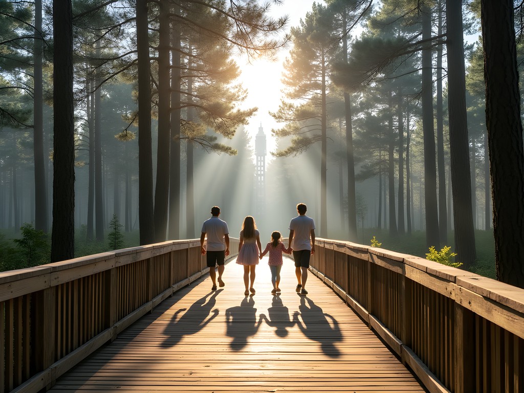 Family exploring wooden walkways through pine forest in Dzintari Forest Park, Jurmala