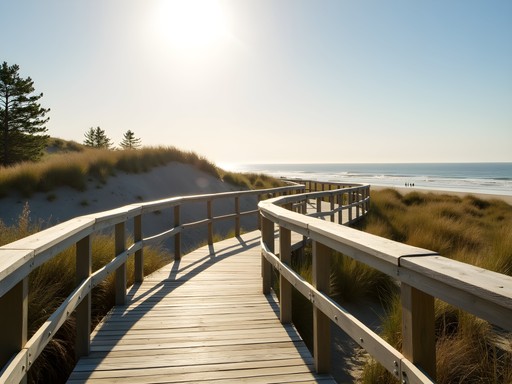 Sustainable wooden boardwalk through protected sand dunes leading to Jurmala beach
