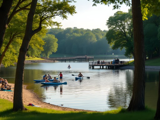 Family paddleboarding on Cottonmill Lake in Kearney with tree-lined shores in background