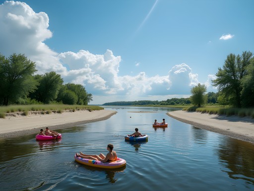 Kayakers floating down the shallow Platte River in Kearney, Nebraska with sandhill cranes visible on sandbars