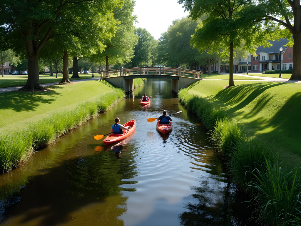 Kayakers navigating the urban Turkey Creek Water Trail through Kearney Nebraska