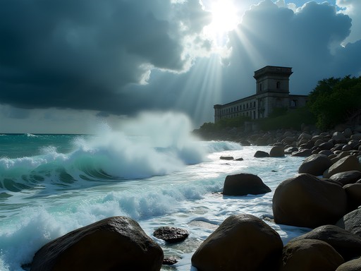 Dramatic storm waves crashing against Fort Zachary Taylor Beach in Key West