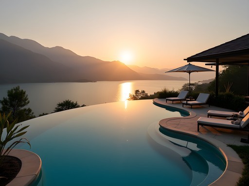 Luxury accommodation with infinity pool overlooking Lake Kivu at sunset