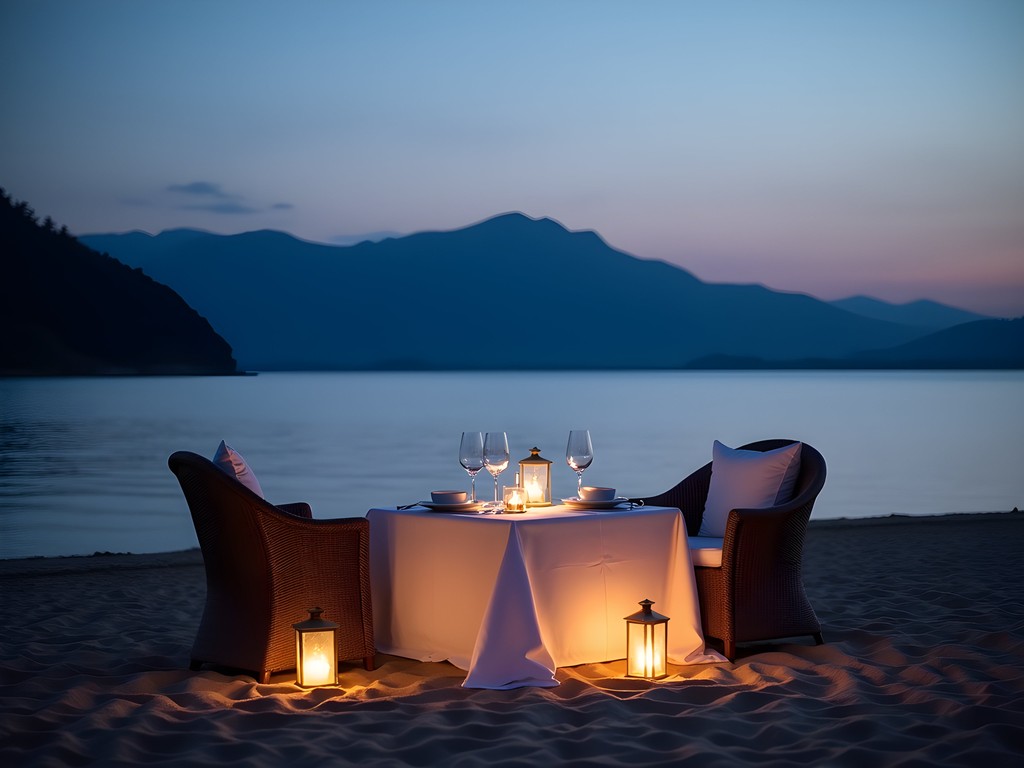 Elegant private dinner setting on Lake Kivu beach with lanterns and fine dining setup