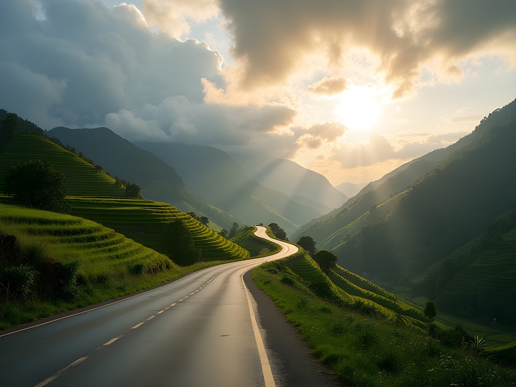 Winding road through Rwanda's lush green hills en route to Lake Kivu from Kigali
