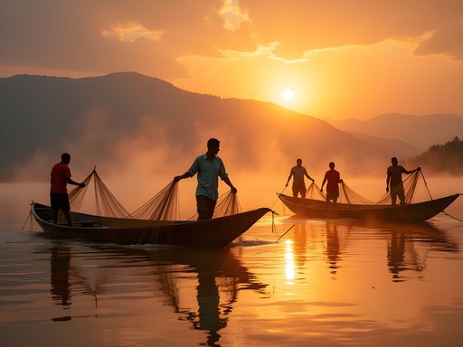 Traditional wooden fishing boats returning at sunrise on Lake Kivu with fishermen singing