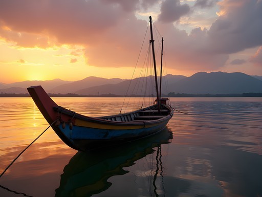 Traditional wooden boat sailing on Lake Kivu during golden hour sunset