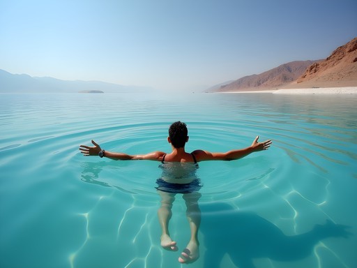 Woman floating effortlessly in the mineral-rich waters of the Dead Sea near Jericho